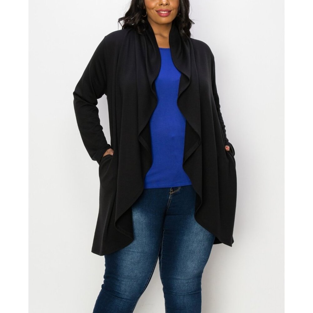 COIN 1804 Plus Size 1X Draped Flyaway Cardigan Duster Knit Top Black